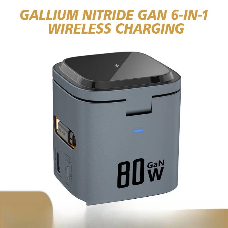 80W 6-in-1 GaN Fast Charger with Wireless Magnetic Adapter – Universal Multifunction Laptop Charging Hub (100-240V, 50/60Hz)