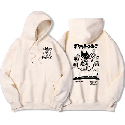 Y2K Harajuku Kawaii Cat Couple Print Hoodie – Unisex Oversized Fleece Pullover for Autumn, Warm Hip Hop Style Sweatshirt