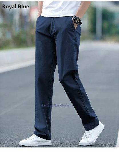 Men's Summer Lightweight Stretch Chino Pants – Loose Fit Cotton Trousers in Khaki, Blue, and Black – Plus Sizes 42 &amp; 44