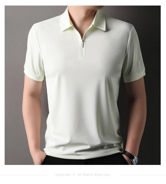 Men’s Slim Fit Half-Zip Polo Shirt – Light Beige Stretch Cotton Casual Top with Classic Collar