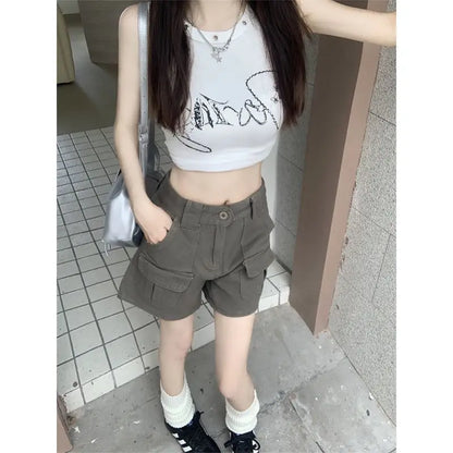 Women's Retro Mid-Waist Cargo Shorts – Casual Summer Streetwear with Pockets