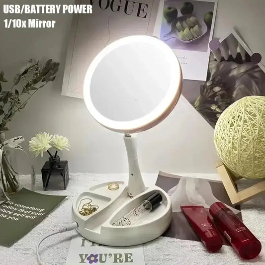 Dual-Powered LED Makeup Mirror – Portable Double-Sided Mirror with 10X Magnification, Battery/USB Operated