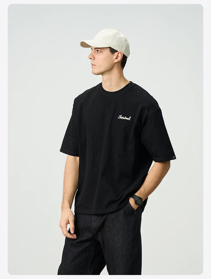 SIMWOOD 2025 Summer Oversized Heavyweight 300gsm Slub Cotton T-Shirt for Men with Letter Embroidery