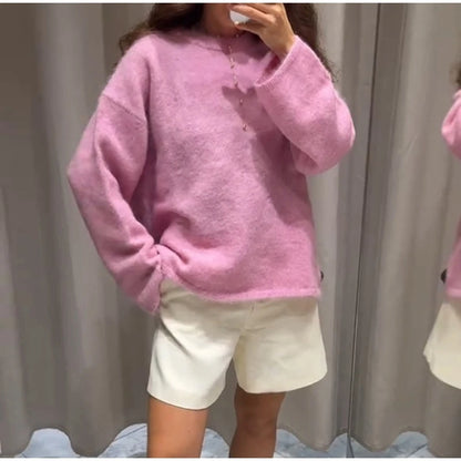 Women's Cozy Mohair Striped Knit Sweater – Warm O-Neck Pullover with Full Sleeves, Autumn 2025 Fashion
