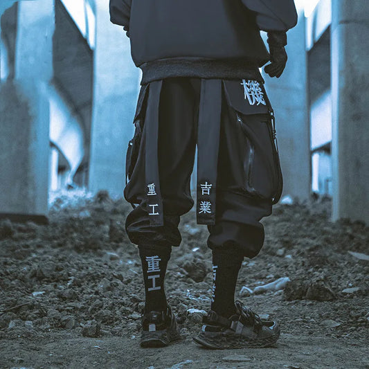 2023 Embroidered Ribbon Techwear Cargo Pants – Harajuku Punk Harem Trousers with Large Utility Pockets for Men & Women
