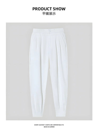 Men’s Spring & Summer Casual Solid Color Ice Silk Trousers — Korean Style Slim Ankle Pants with Zipper Detail, Smooth & Lightweight for a Handsome Look