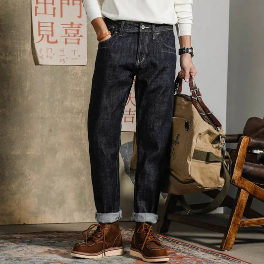 Men’s Relaxed Straight Raw Selvedge Denim Jeans – “Red Tornado” Style