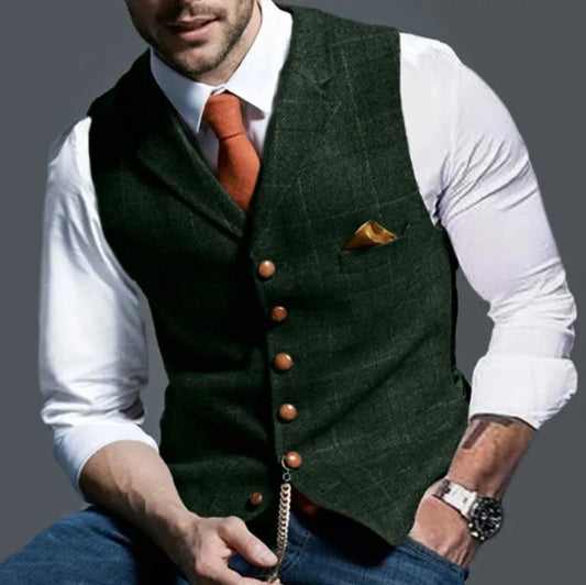 Men's Slim-Fit Plaid Suit Vest – Single-Breasted Casual Waistcoat for Spring & Autumn | European & American Commuter Style