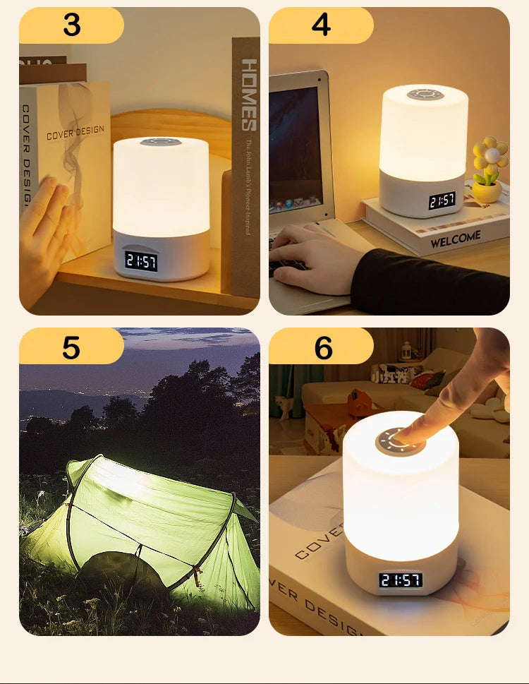 Rechargeable Portable LED Table Lamp with Clock Display, Touch Control, and Eye Protection for Bedside and Reading