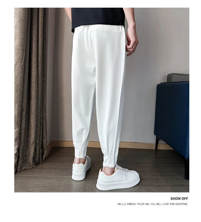 Men’s Spring & Summer Casual Solid Color Ice Silk Trousers — Korean Style Slim Ankle Pants with Zipper Detail, Smooth & Lightweight for a Handsome Look