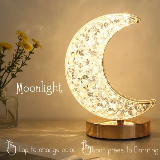 Rechargeable Crystal Touch Dimmable Night Lamp for Bedroom, Girls’ Room, USB LED Ambient Table Light with 3D Moon Design