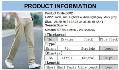 Men's Summer Lightweight Stretch Chino Pants – Loose Fit Cotton Trousers in Khaki, Blue, and Black – Plus Sizes 42 &amp; 44
