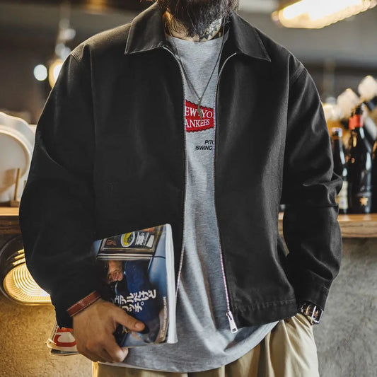 Men’s Heavyweight Vintage “IKE” Zip-Up Jacket – Black Cotton Coat with Collar, Casual Outdoor / Mountain Style for Spring & Fall
