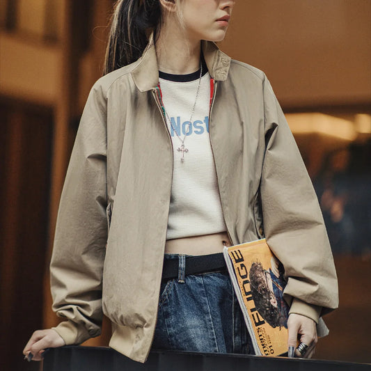 Maden Vintage Stand-Up Collar Jacket – Workwear Baseball Style Coat for Women &amp; Unisex, Spring/Autumn