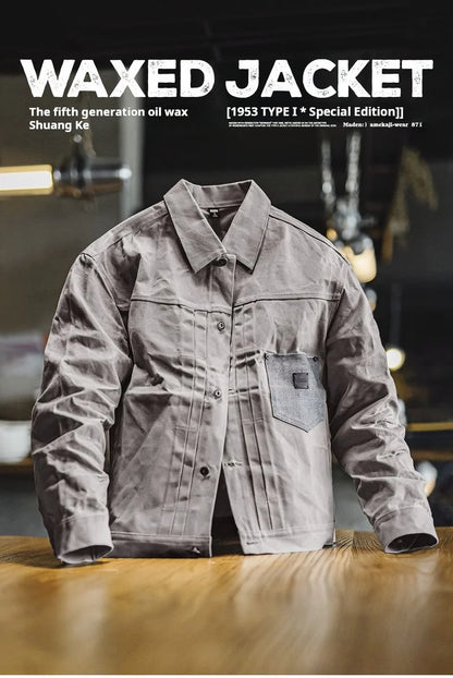 Maden Men's Vintage Grey Canvas Oil-Waxed Waterproof Hunting Jacket with Double Pleats and Patch Pockets for Autumn