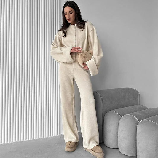 Tornova Women's Elegant Knit Two-Piece Set – Zipper Jacket & Wide-Leg Pants Casual Outfit