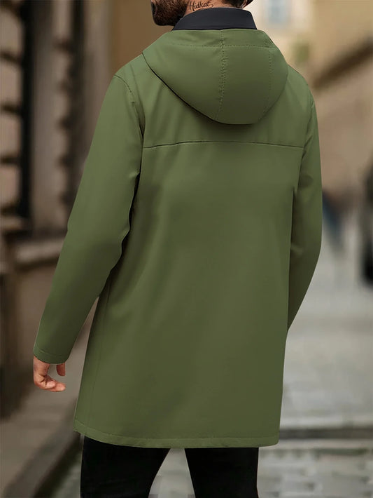 Men’s Olive Green Lightweight Zip-Up Hoodie Jacket – Waterproof Outdoor Coat with Drawstring Pockets
