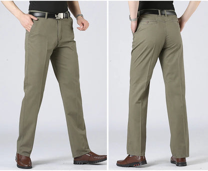 Men's Solid Cotton Straight-Leg Chino Pants – Business Casual Trousers with Belt, Ideal for Autumn &amp; Winter – Classic Formal Style for Adults &amp; Seniors