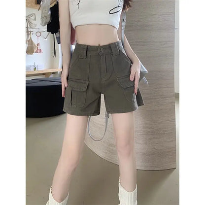 Women's Retro Mid-Waist Cargo Shorts – Casual Summer Streetwear with Pockets