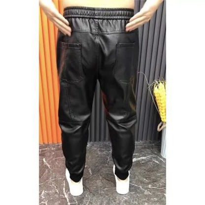 Men’s Slim Fit Faux Leather Jogger Pants with Elastic Waist & Zipper Pockets – Black Streetwear Pencil Trousers