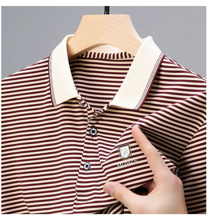 Premium Cotton Men's Summer Polo Shirt – 2024 Soft Short Sleeve Tee with Stripe Accents & Brand Badge Design