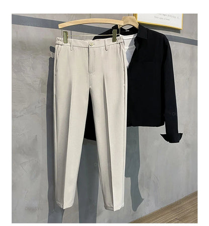 2025 Spring-Summer Men's Slim Fit Casual Business Jogger Pants with Elastic Waist, Available in Plus Sizes 40 and 42, Black