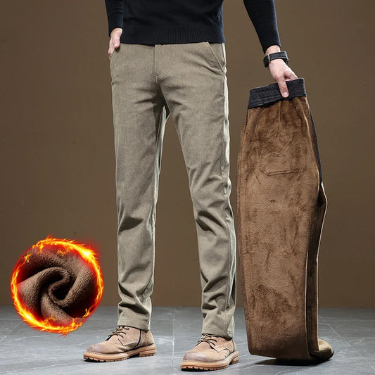 2024 New Men’s Winter Fleece-Lined Corduroy Pants – Slim Fit, Stretchy, Thickened Casual & Business Trousers in Gray & Khaki