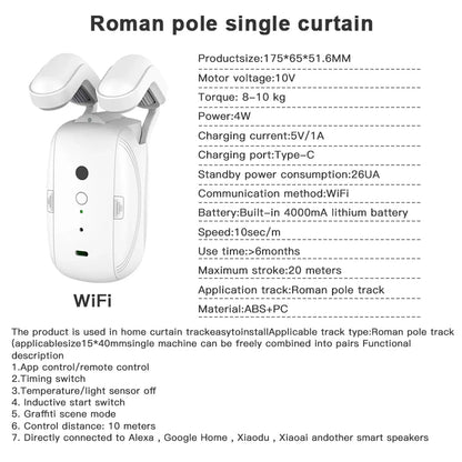 Smart WiFi/Bluetooth Curtain Opener – Automatic Electric Curtain Robot for Roman Rod & Track with Remote App Control