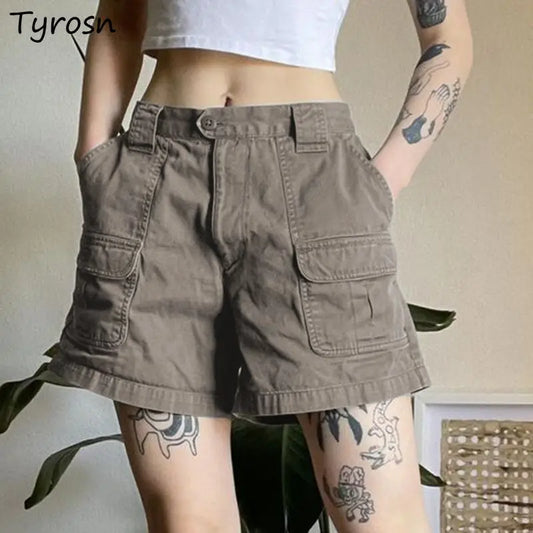 Women's Retro Mid-Waist Cargo Shorts – Casual Summer Streetwear with Pockets