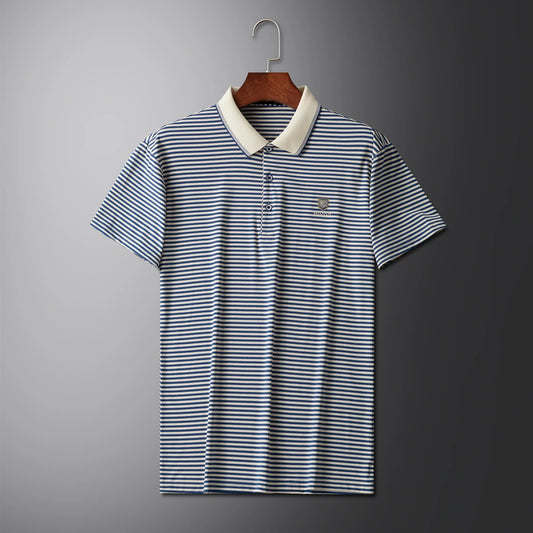 Premium Cotton Men's Summer Polo Shirt – 2024 Soft Short Sleeve Tee with Stripe Accents & Brand Badge Design