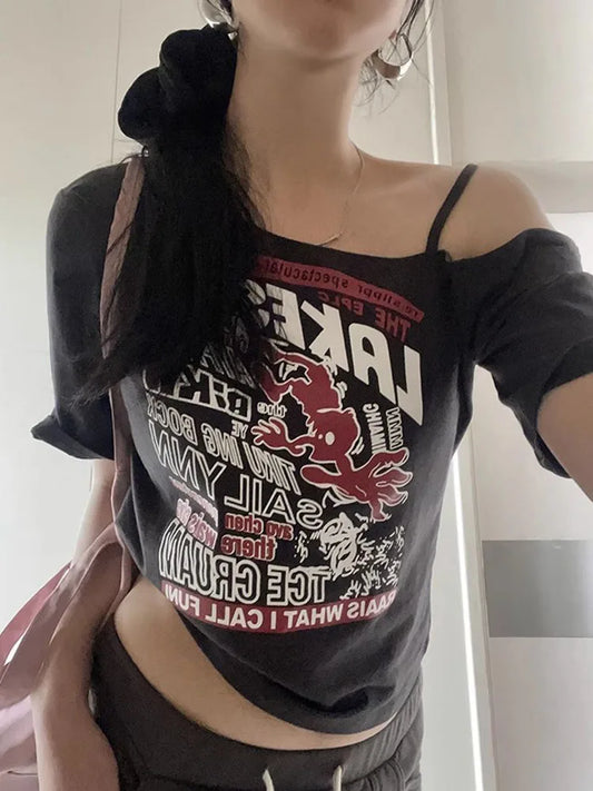 Y2K Off-Shoulder Gothic Crop Tee – Women's Letter Print Punk Streetwear Top, Grunge Aesthetic Harajuku Summer T-Shirt