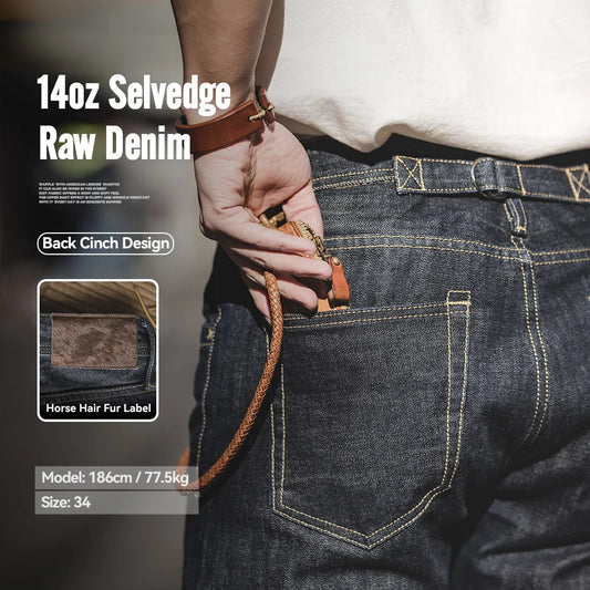 Maden 14oz Men's Vintage Selvedge Denim Jeans – Straight Fit with Horsehide Patch & Paris Buckle, Autumn/Winter Style