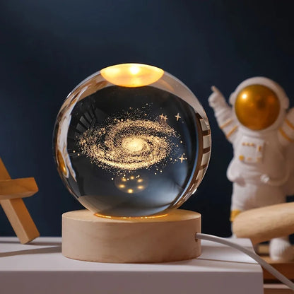 USB Rechargeable 3D Crystal Ball LED Night Light with Laser-Engraved Solar System Globe – Astronomy-Themed Birthday Gift for Bedroom and Home Desk Decoration