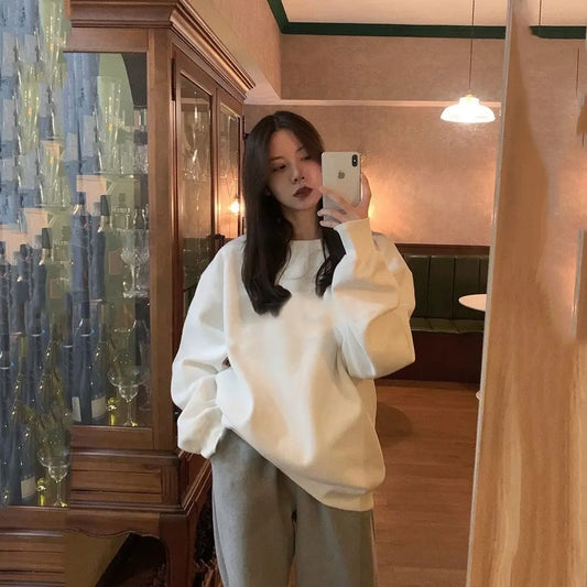 2025 Autumn/Winter Unisex Round Neck Hoodie – Casual Loose Fit Sweatshirt for Couples, Trendy White Pullover