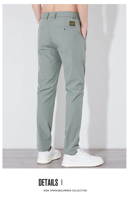Men's Summer Silk-Feel Stretch Trousers – Lightweight Classic Business Casual Pants with Elastic Waist – Korean Style Smooth Suit Pants in Black or Gray