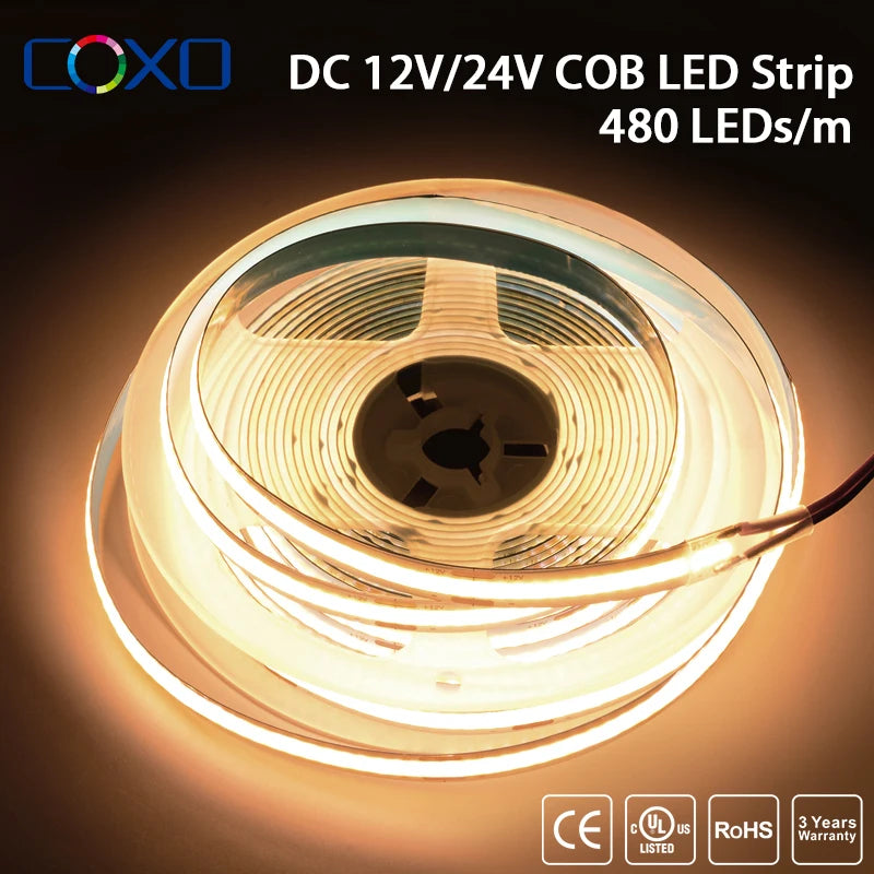 UL Certified COB LED Strip Light, High-Density 320-480 LEDs/m, 16.4ft Flexible Tape Ribbon, 3000-6500K Color Temperature, RA90 Color Rendering, DC 12V/24V