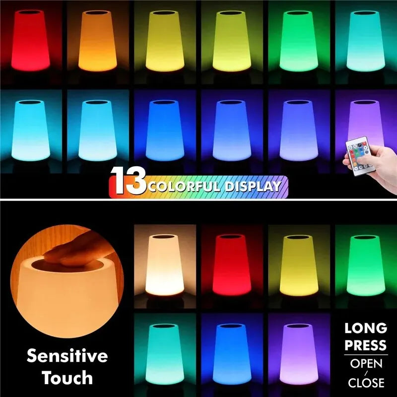 13-Color RGB Night Light – USB Rechargeable Touch &amp; Remote Control Dimmable Bedside Lamp for Table or Portable Use