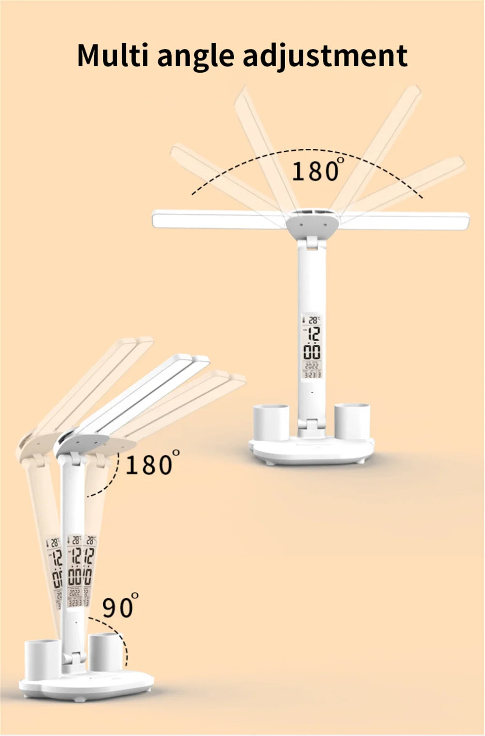 Foldable LED Table Lamp with Touch Dimming, USB Charging, Clock, Temperature Display &amp; Night Light – Ideal for Study &amp; Reading