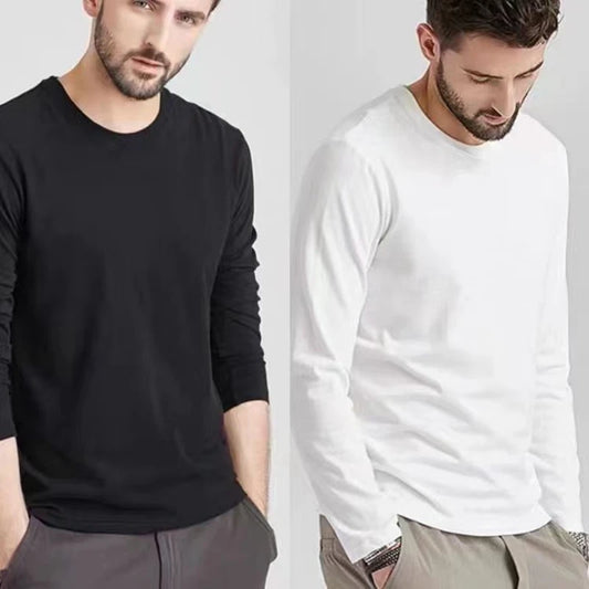 Men's Summer Long Sleeve T-shirt – Solid Color, Round Neck, Casual Style, Made from Mercerized Cotton