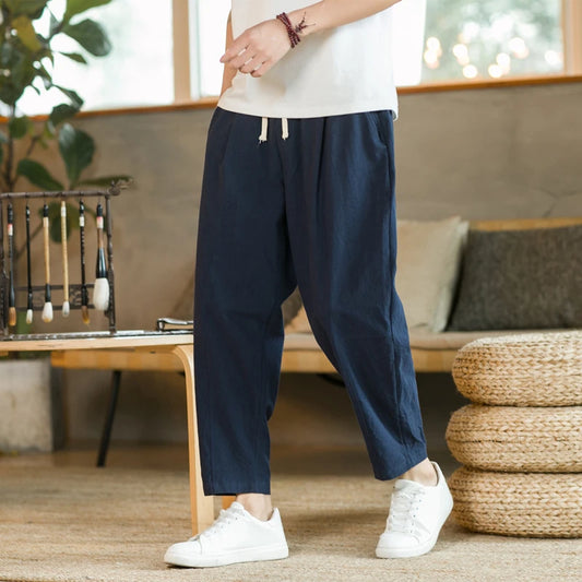 Men's Casual Cotton-Linen Pants – Breathable Loose-Fit Straight-Leg Drawstring Trousers in Solid Colors, Stylish Summer Streetwear