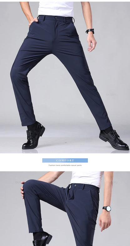 Men's Summer Classic Stretch Suit Trousers – Lightweight Business Casual Pants with Elastic Waist in Black, Gray, or Blue