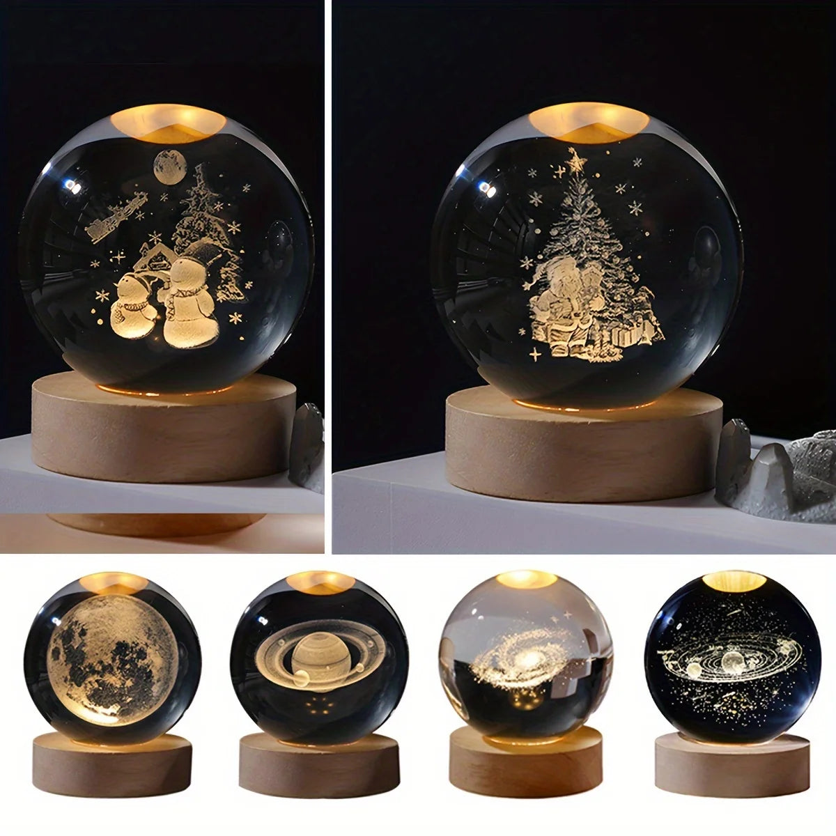 USB Rechargeable 3D Crystal Ball LED Night Light with Laser-Engraved Solar System Globe – Astronomy-Themed Birthday Gift for Bedroom and Home Desk Decoration