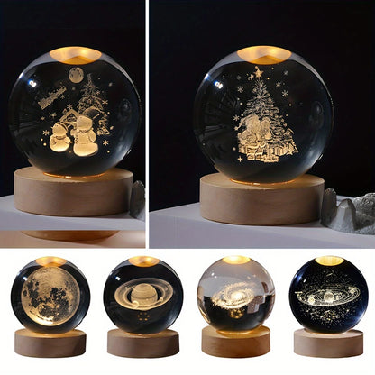 USB Rechargeable 3D Crystal Ball LED Night Light with Laser-Engraved Solar System Globe – Astronomy-Themed Birthday Gift for Bedroom and Home Desk Decoration