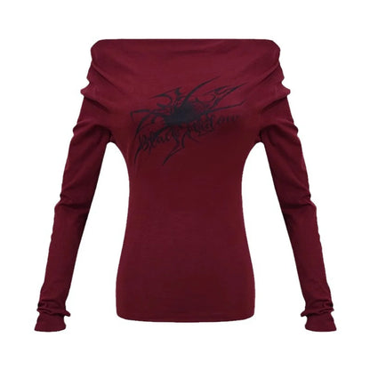 Women's Y2K Gothic Grunge Off-Shoulder Long Sleeve Crop Top – Vintage Korean Streetwear Printed T-Shirt