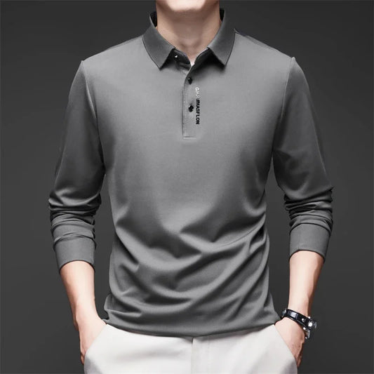Men's Long Sleeve Polo Shirt – Solid Color, Business Casual, Stylish & Breathable Shirt with Badge Design