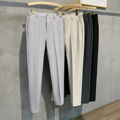 2025 Spring-Summer Men's Slim Fit Casual Business Jogger Pants with Elastic Waist, Available in Plus Sizes 40 and 42, Black