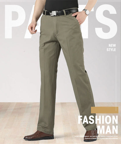Men's Solid Cotton Straight-Leg Chino Pants – Business Casual Trousers with Belt, Ideal for Autumn &amp; Winter – Classic Formal Style for Adults &amp; Seniors