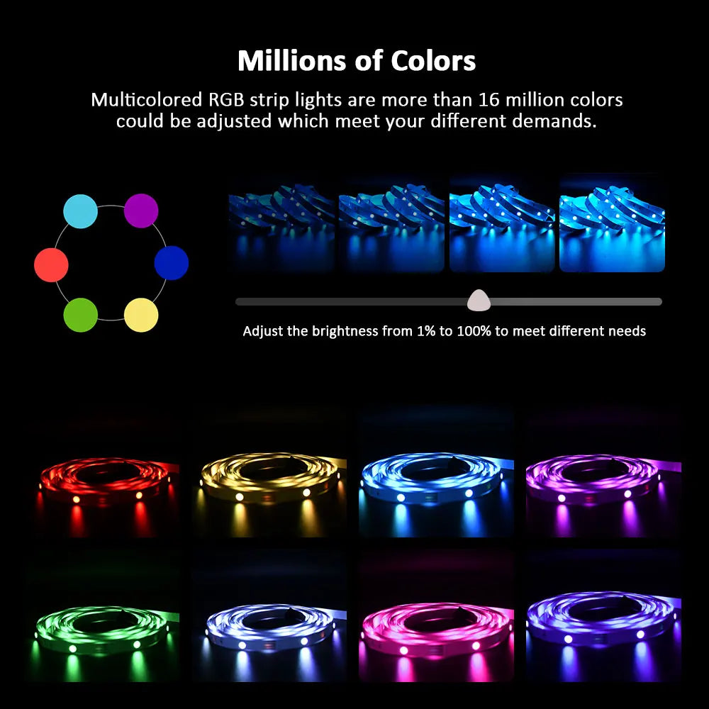 5V RGB LED Strip Lights, 1M-30M, 16 Million Colors, Music Sync, Color Changing LED Lighting for Parties and Home Decor