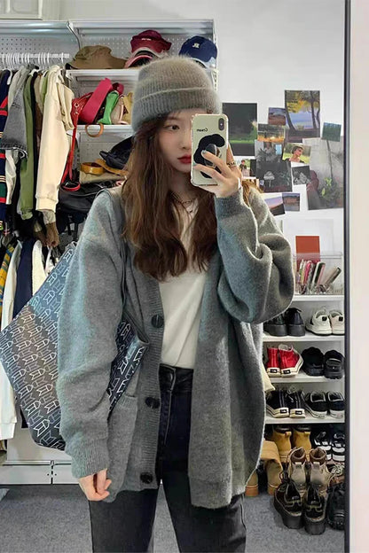 Casual Gray Mid-Length Knit Cardigan for Women with Pockets – Korean Style Open Front Sweater Coat for Autumn