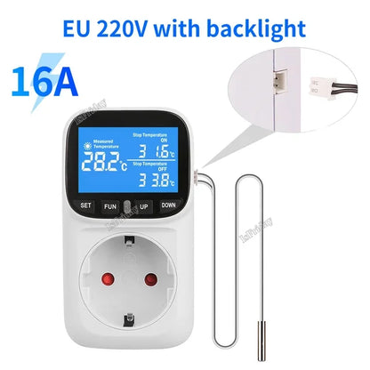 Smart Thermostat Plug with Temperature Control – 16A EU Socket, LCD Display, Timer & Sensor, 220V High-Precision